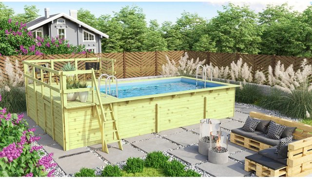 Karibu Massivholzpool rechteckig in Braun mit 2 Sonnenterrassen B/H: 490,5 x 125 cm - Bild 1