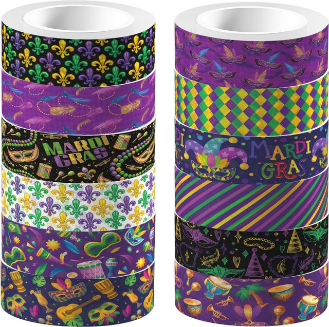 12er-Pack Mardi Gras Washi Tape in Lila und Multicolour mit Schmuck- und Maskenmustern für DIY-Bastelarbeiten und Scrapbooking - Bild 1