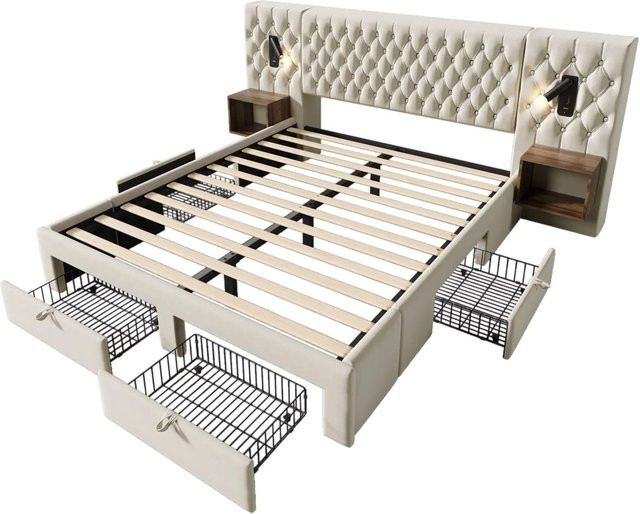 Merax Polsterbett Set mit Nachttischen in Beige, Samt, mit LED-Beleuchtung, Leselicht und USB-Anschluss, B/T/H: 180 x 200 x 266,5 cm - Bild 1