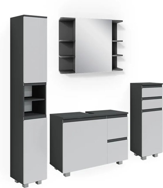 Vicco Badmöbelset J-Shape in Weiß und Anthrazit, modernes 4-teiliges Badezimmer-Set mit Spiegelschrank, Waschtischunterschrank, Midischrank und Hochschrank - Bild 2