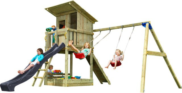 Spielturmking Spielturm BEACH HUT mit Rutsche, Kletterrampe und Doppelschaukel in Anthrazit - Bild 1