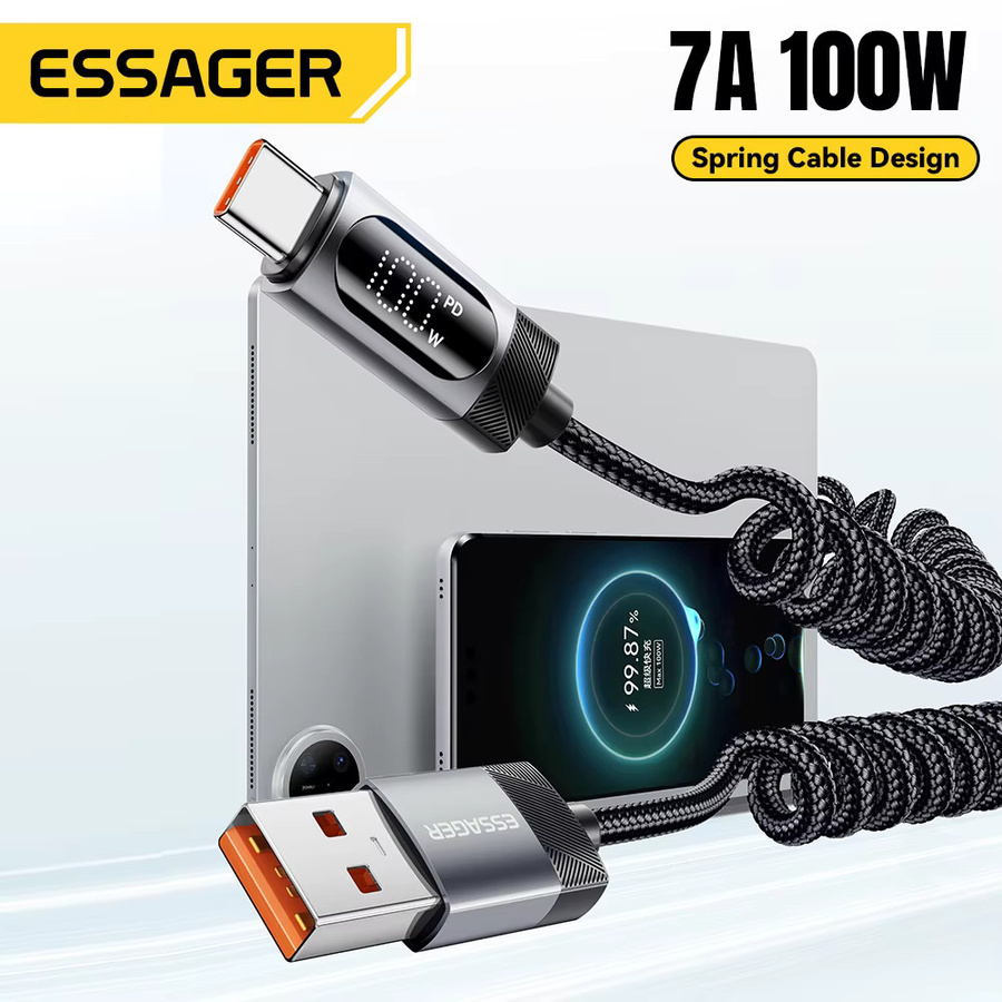 Essager 100 W Auto-Feder-Typ-C-Kabel für schnelles Aufladen von iPhone, Xiaomi, Samsung, MacBook und iPad in Schwarz oder Grau - Bild 3