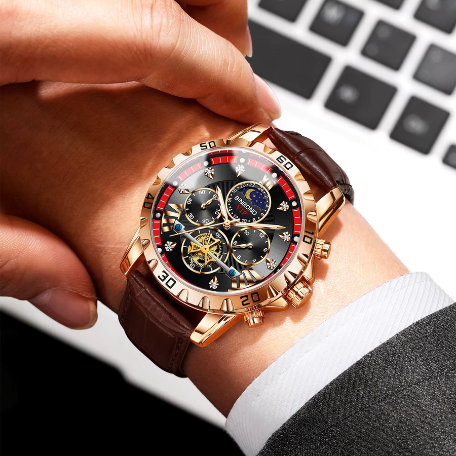 BINBOND Chronograph Armbanduhr, Quarz, Leder, Schwarz, Gold, Herren - Bild 4