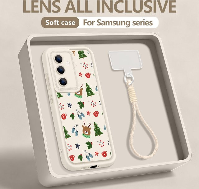 Samsung Handyhülle mit Elch und Weihnachtsbaum Design inklusive Lanyard in Beige und Weiß für Galaxy S25 S24 S23 S22 Ultra und A55 A54 A16 A15 5G - Bild 1