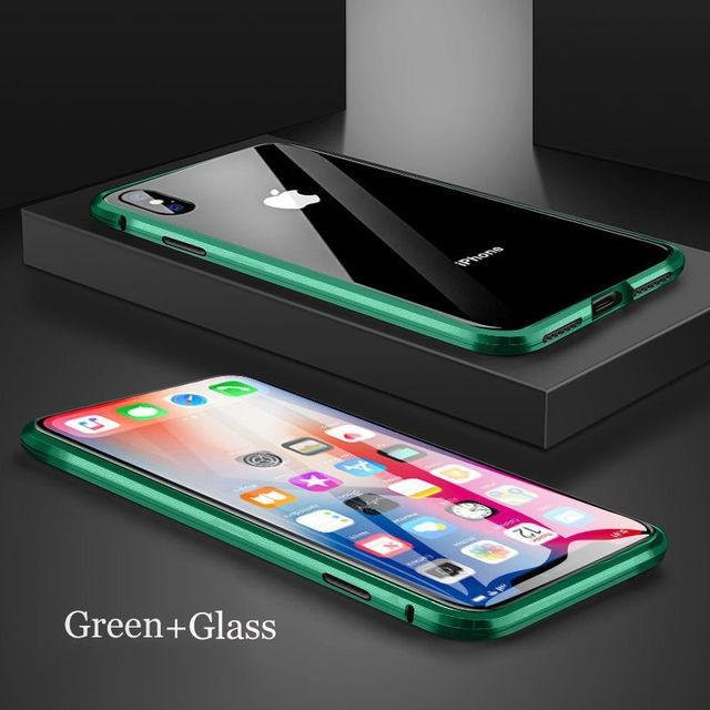 Tuiying002 Magnetische Metall Handyhülle aus gehärtetem Glas mit 360 Grad Schutz für iPhone 15 14 13 12 11 Pro Max XR XS 8 7 Plus SE in Transparent und Grün - Bild 1