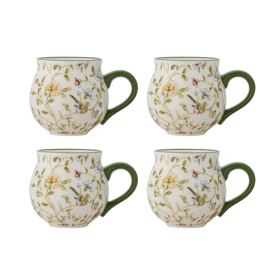 Bloomingville Tassenset Bloomie aus Steingut in Grün, Beige und Multicolour mit floralem Design, 4 Stück - Bild 1