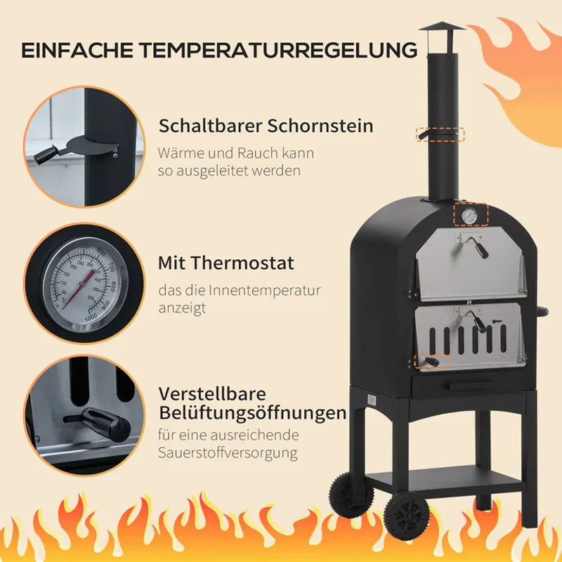 Outsunny 2-in-1 Pizzaofen aus Kohlenstoffstahl mit Rollen, Schwarz - Bild 4