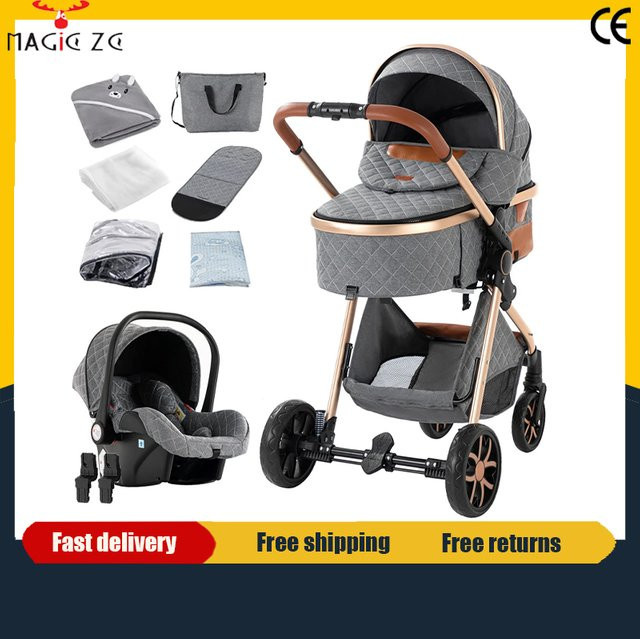 Magic ZC 3-in-1 Kinderwagen Set mit Autositz, Sportsitz und Babywanne, faltbarer Buggy in Schwarz-Gold für Neugeborene und Reisen - Bild 1