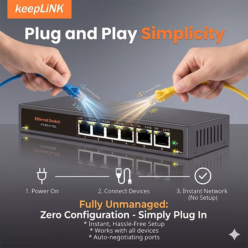 KeepLiNK 6-Port Unmanaged Multi-Gigabit Netzwerk-Switch mit 2.5G und 10G RJ45 Ethernet-Anschlüssen in Schwarz - Bild 2