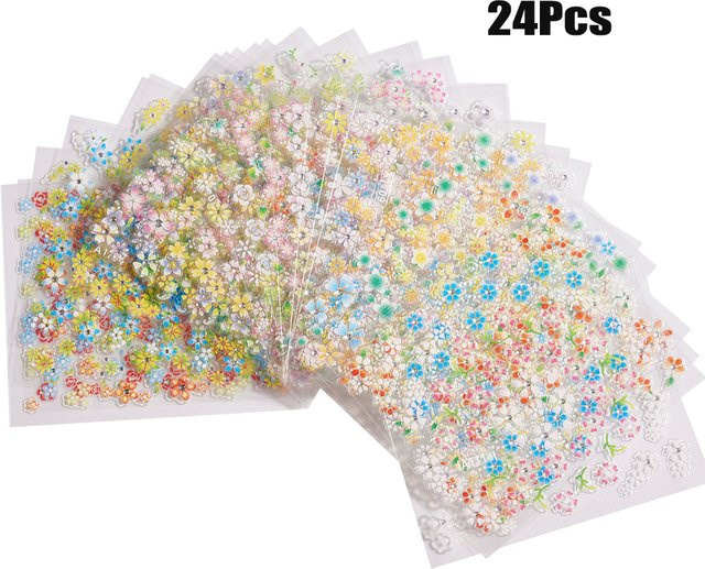 HotPress Nail Art Aufkleber, bunte Blumen mit Mini Diamanten, 24 Stück - Bild 1