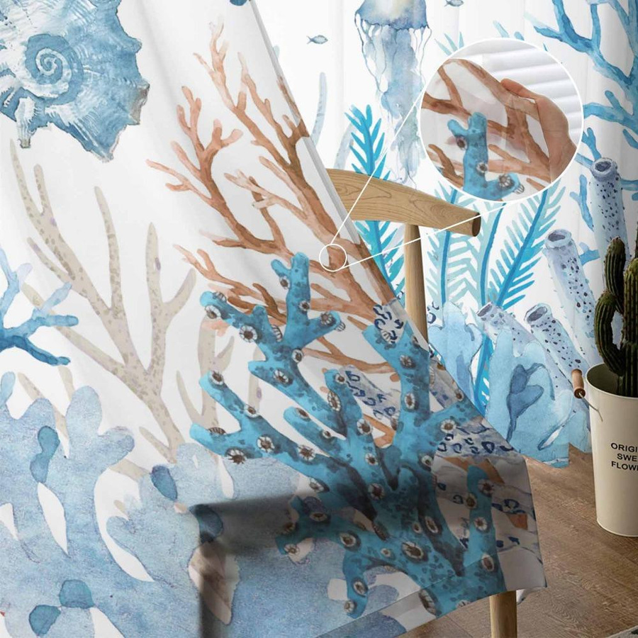 Transparente Tüll-Vorhänge mit Ozean-Motiv Koralle Schildkröte und Seestern in Multicolour, Breite: 135 cm, Höhe: 137 cm - Bild 2