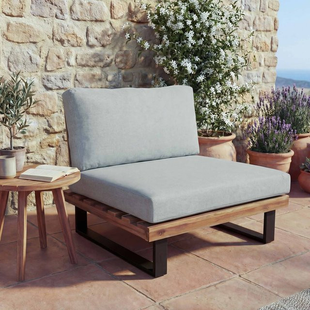 Lounge-Sessel MCW-H54 aus Akazienholz und Aluminium mit hellgrauen Polstern in Hellbraun - Bild 1
