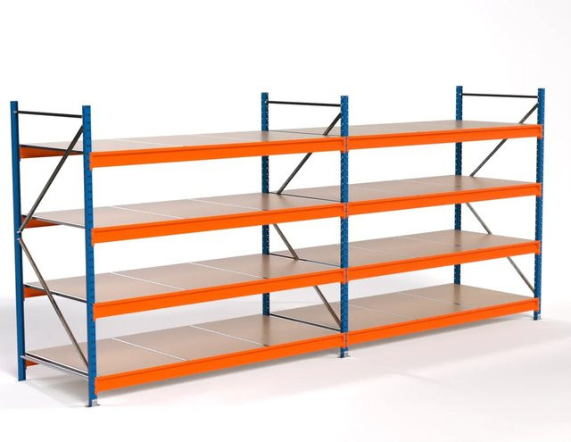 PROREGAL Industrie Weitspannregal MAXIMUS PRO Lagerregal mit 2 Feldern und 4 Spanplatten-Fachböden, Blau/Orange, H: 200 cm, B: 450 cm, T: 100 cm - Bild 1