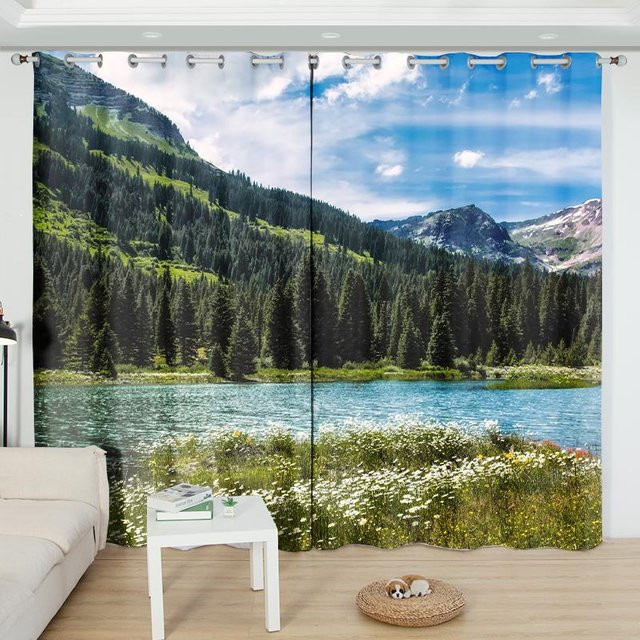 2-teiliges Set halbtransparente Vorhänge von A Family Of Home Textiles mit Naturmotiv aus grünem Baum und blauem Meer, B: 50 cm, H: 50 cm pro Stück - Bild 1
