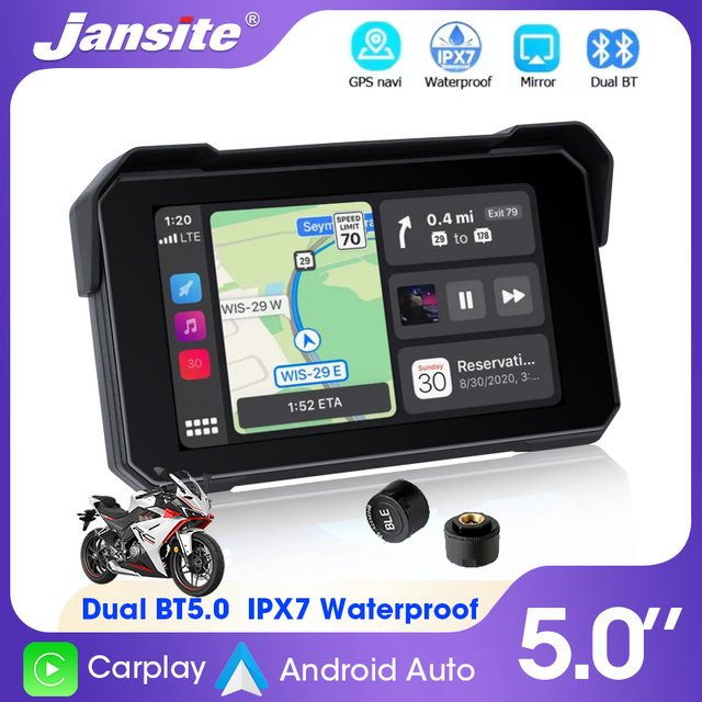Jansite Motorrad-GPS-Navigationsdisplay mit 5 Zoll Display, CarPlay und Android Auto, Schwarz - Bild 1