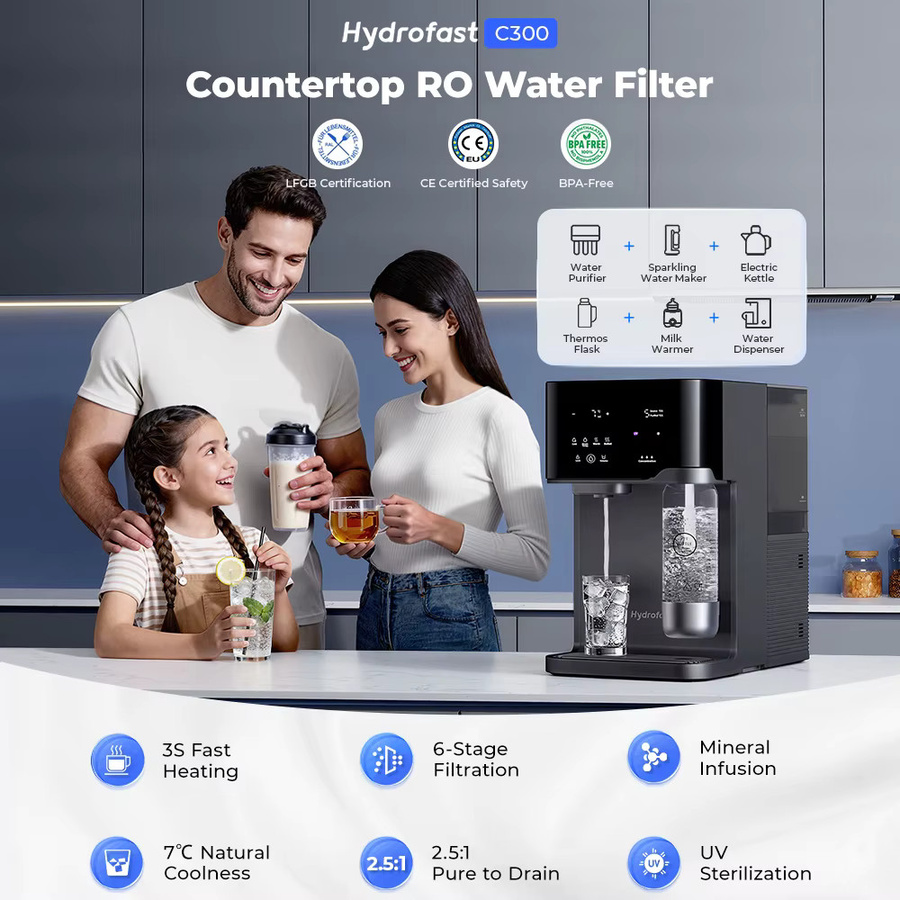 Hydrofast C300 RO Tischwasserfilter in Schwarz mit 6-stufiger Filtration, UV-Sterilisation und Eiswasser- sowie Sprudelwasserfunktion, 5-Liter-Rohwassertank und 1,5-Liter-Reinwassertank - Bild 4