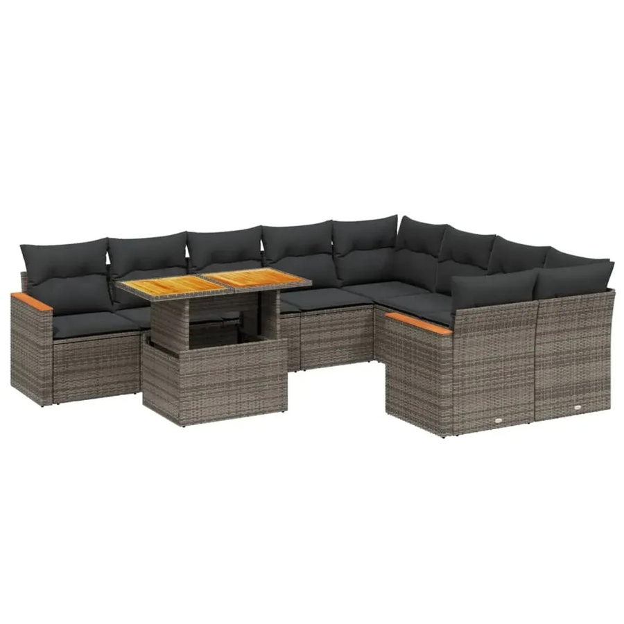 vidaXL 10-tlg. Garten-Sofagarnitur in L-Form aus Polyrattan und Akazienholz in Grau mit Kissen - Bild 2