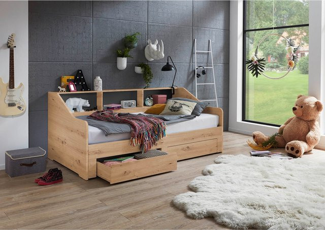 Relita Funktionsbett Rene ausziehbar mit 2 Schubladen und Regal, Eiche Artisan Dekor, Braun, B/T/H: 90 x 200 x 200 cm auf 180 x 200 cm Liegefläche - Bild 1