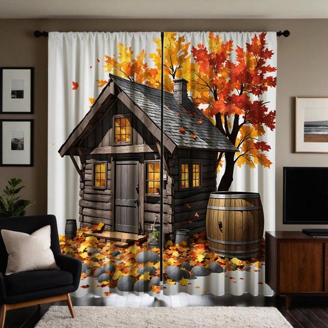 2er-Set dekorative Vorhänge mit Herbstmotiv Holzhaus unter Ahornbaum, gelb und mehrfarbig, digital bedruckt, B: 132 cm, H: 241 cm - Bild 1