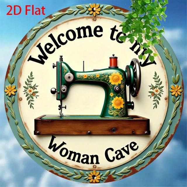 Potdemiel Rundes Retro-Vintage Aluminium-Blechschild Wandkunst Welcome to My Woman Cave mit Blumen- und Blattdesign, Farbe: Grün, Durchmesser: 20 cm - Bild 1