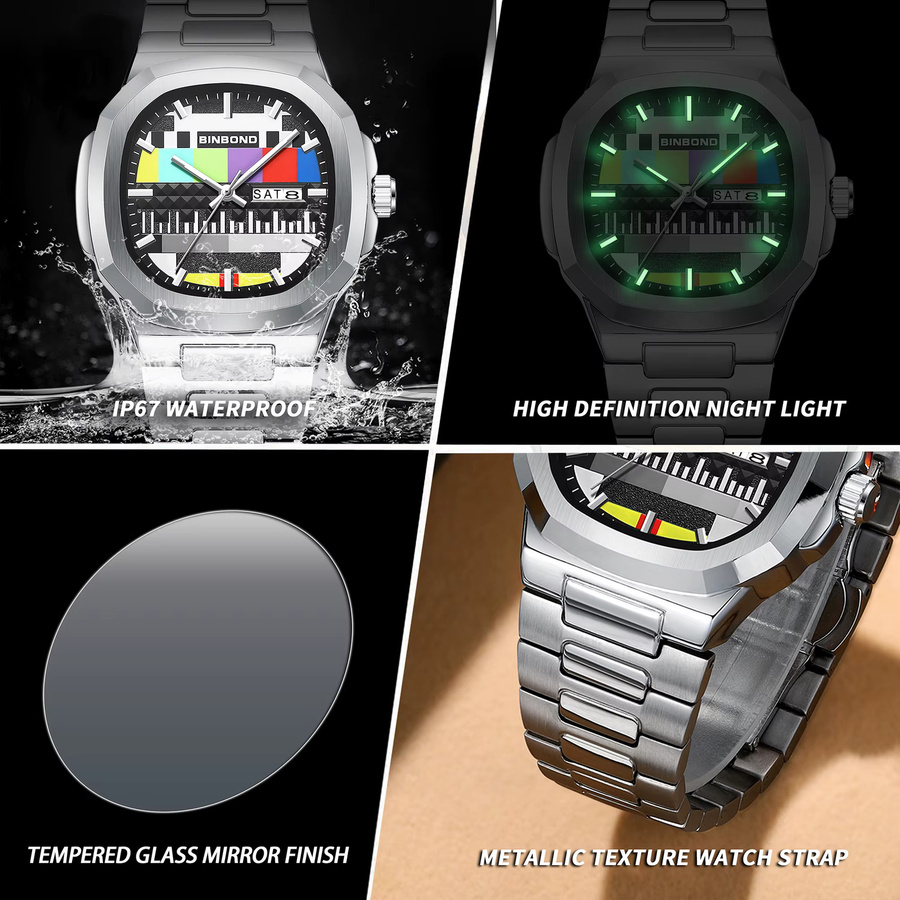 BINBOND Armbanduhr Edelstahl, Quarz, Schwarz, Silber, Herren - Bild 6