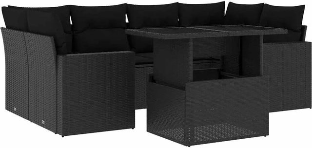 vidaXL 7-teilige Garten-Sofagarnitur in L-Form aus schwarzem Poly-Rattan mit Kissen und pulverbeschichtetem Stahlgestell - Bild 1