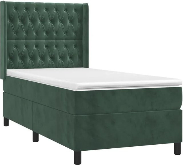 vidaXL Boxspringbett mit Matratze in Dunkelgrün, Hybridbett mit LED-Unterbettbeleuchtung und USB-Ladeanschluss, Samt, B/T: 90 x 200 cm - Bild 1