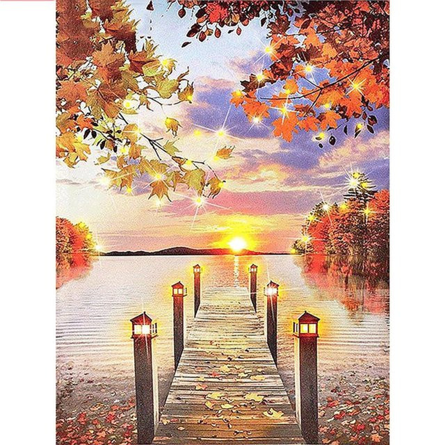FIYO Diamantmalerei nach Zahlen Brücke Landschaft mit Sonnenuntergang im Herbst, Leinwand Malset für Erwachsene, B/H: 40 x 50 cm, Mehrfarbig - Bild 1