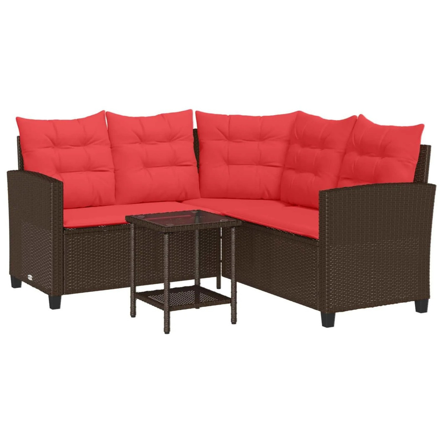 vidaXL Outdoor-Sofagarnitur in L-Form mit Kissen und Couchtisch, Poly-Rattan und Metallgestell, Braun und Rot - Bild 2