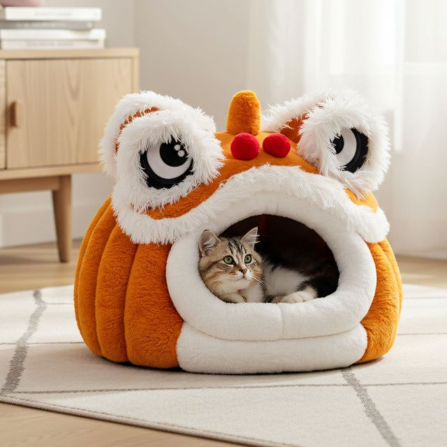 Creative Lion Halbgeschlossenes Katzenbett in Orange, Warmes Höhlenbett für Katzen und Hunde für alle Jahreszeiten - Bild 1