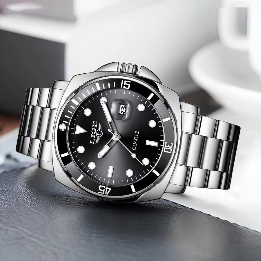 LIGE Armbanduhr Edelstahl, Quarz, Datum, Herren, Schwarz, Silber - Bild 2