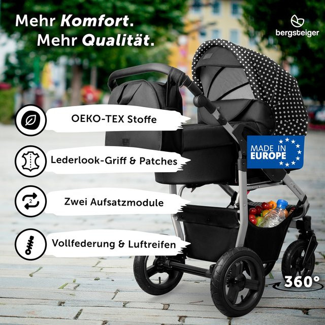 Bergsteiger Kinderwagen Capri Kombikinderwagen in Schwarz mit Sportsitz, Babywanne und Zubehör - Bild 1