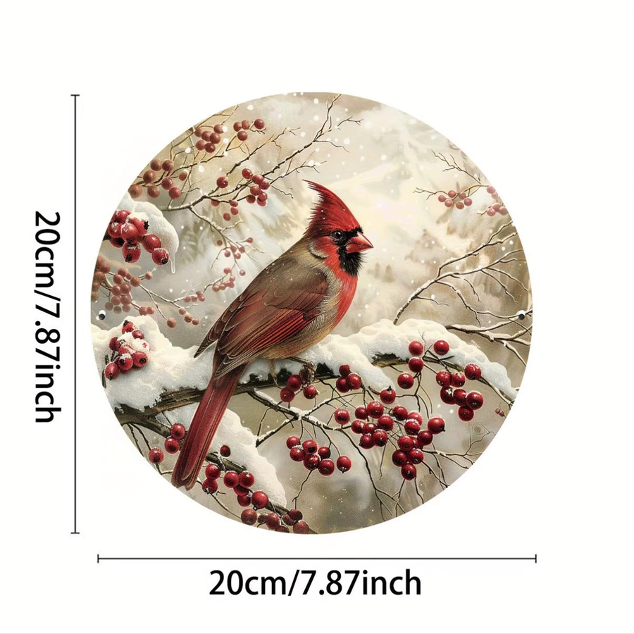 Potdemiel Wandkunst aus Metall: Runder Kardinal-Vogel und Stechpalmen-Beerenkranz in Rot für eine rustikale Weihnachtsdekoration, Durchmesser: 20,0 cm - Bild 2