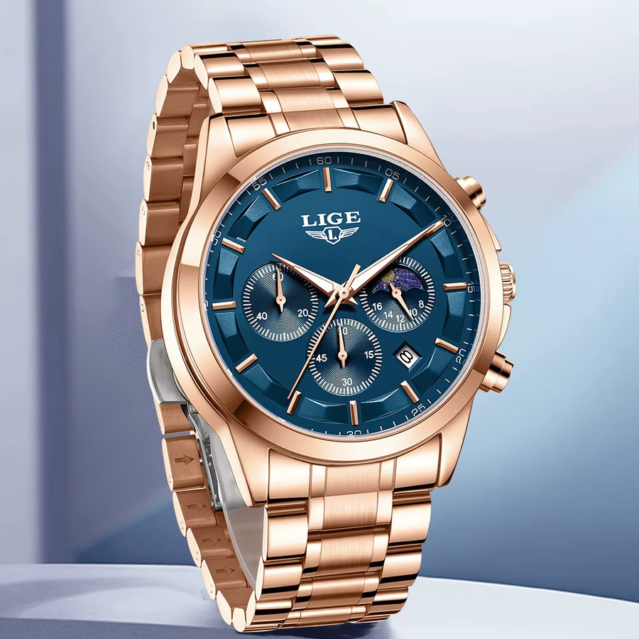 LIGE Armbanduhr Chronograph, Quarz, Edelstahl, Blau, Herren - Bild 2