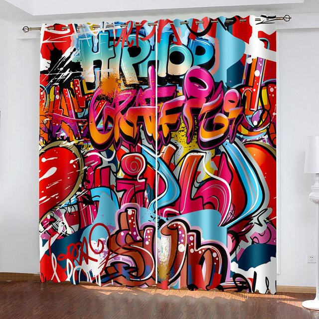 Super Six Vorhang mit abstraktem Graffiti-Design im 3D-Digitaldruck, halbtransparent, Mehrfarbig, B: 173 cm, H: 214 cm - Bild 1