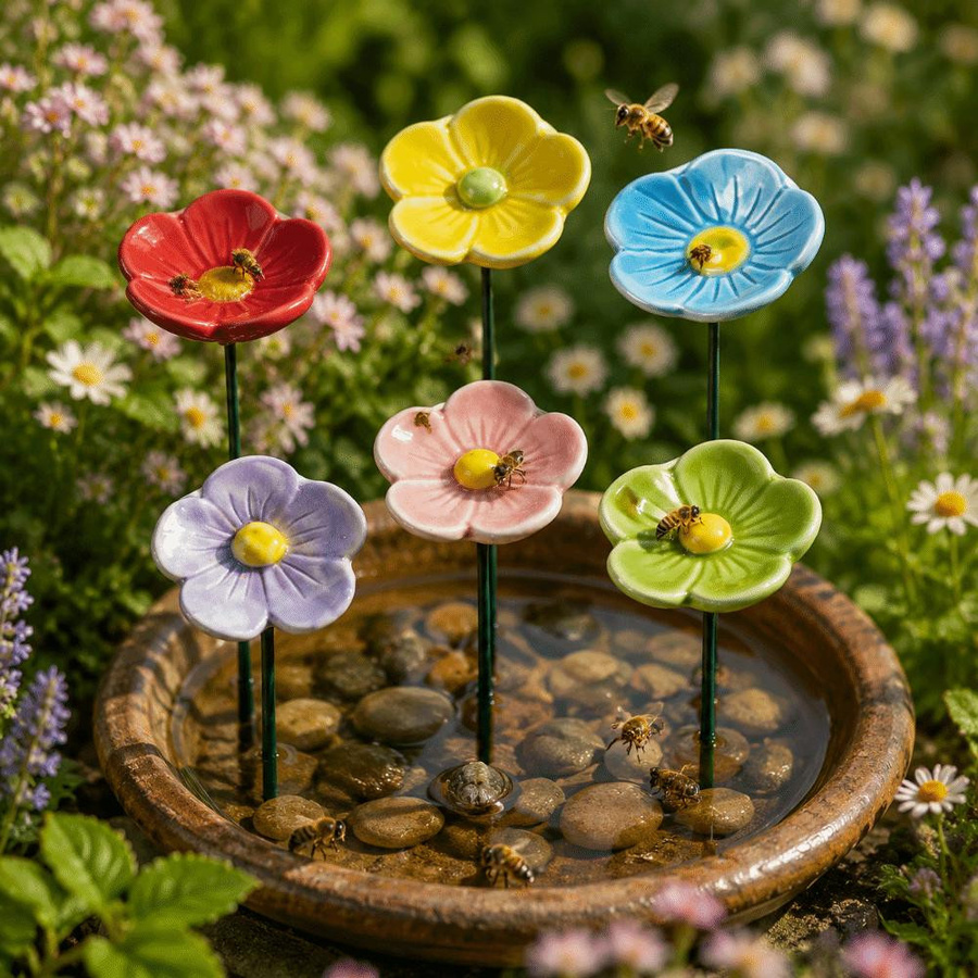 Xinfudi 3er Set Keramik Insekten Trinkbecher als Gartendekoration und Bienen Bewässerungsstation in Rosa, Blau, Grün und Gelb - Bild 2