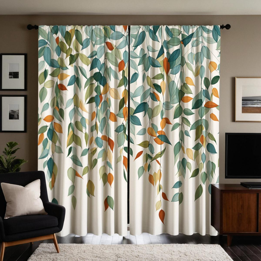 2er-Set Vorhänge mit grünem Blätter-Design von Household supplies MH, halbtransparent, Farbe: Grün, B: 132 cm, H: 160 cm - Bild 3
