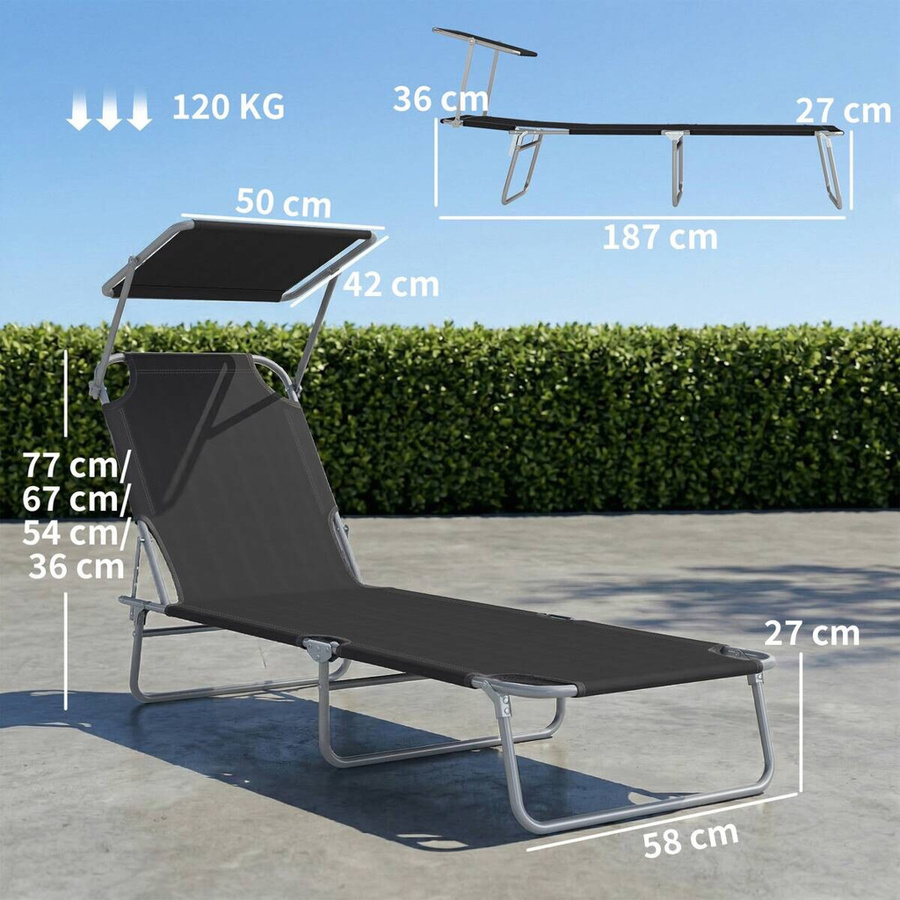 Outsunny Gartenliege aus Metall und Textilene in Schwarz mit Sonnenverdeck und verstellbarer Kopfstütze, B/T/H: 187 x 58 x 36 cm - Bild 5