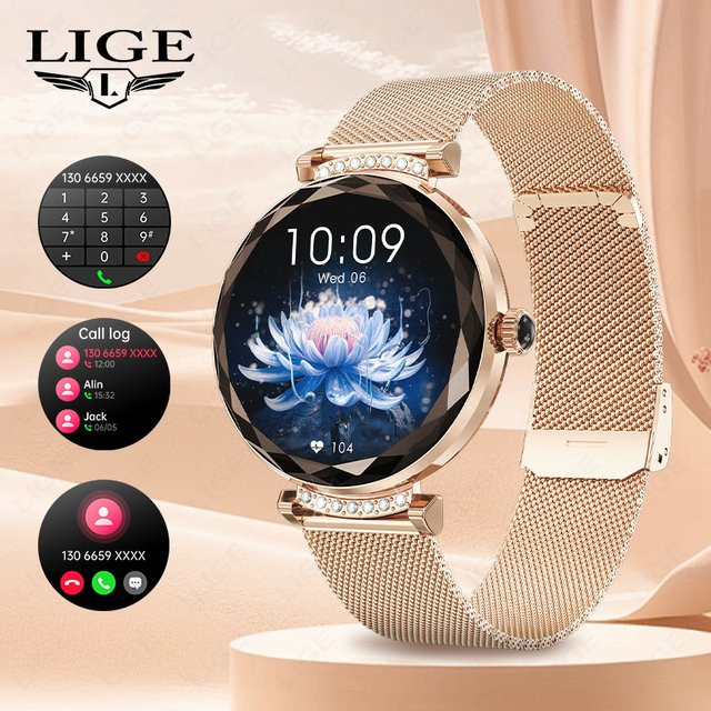 LIGE Smartwatch NX7 Pro für Damen mit AMOLED Bildschirm, Bluetooth Anruffunktion und Gesundheitsüberwachung, Grau/Gold - Bild 1