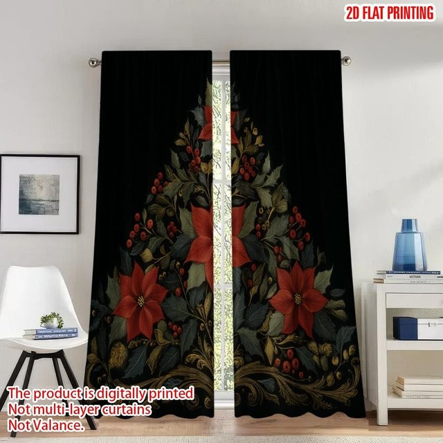 Weihnachtsfeier Vorhang Set mit Weihnachtsstern, Stechpalme und Beeren, digital bedrucktes Polyester, blickdicht, multicolor, B: 100 cm, H: 70 cm - Bild 1