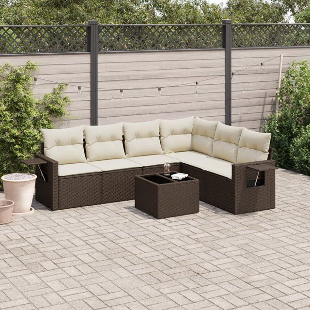vidaXL 7-teilige Garten-Sitzgruppe in L-Form mit Kissen, Braun, Polyrattan und Metallrahmen - Bild 3