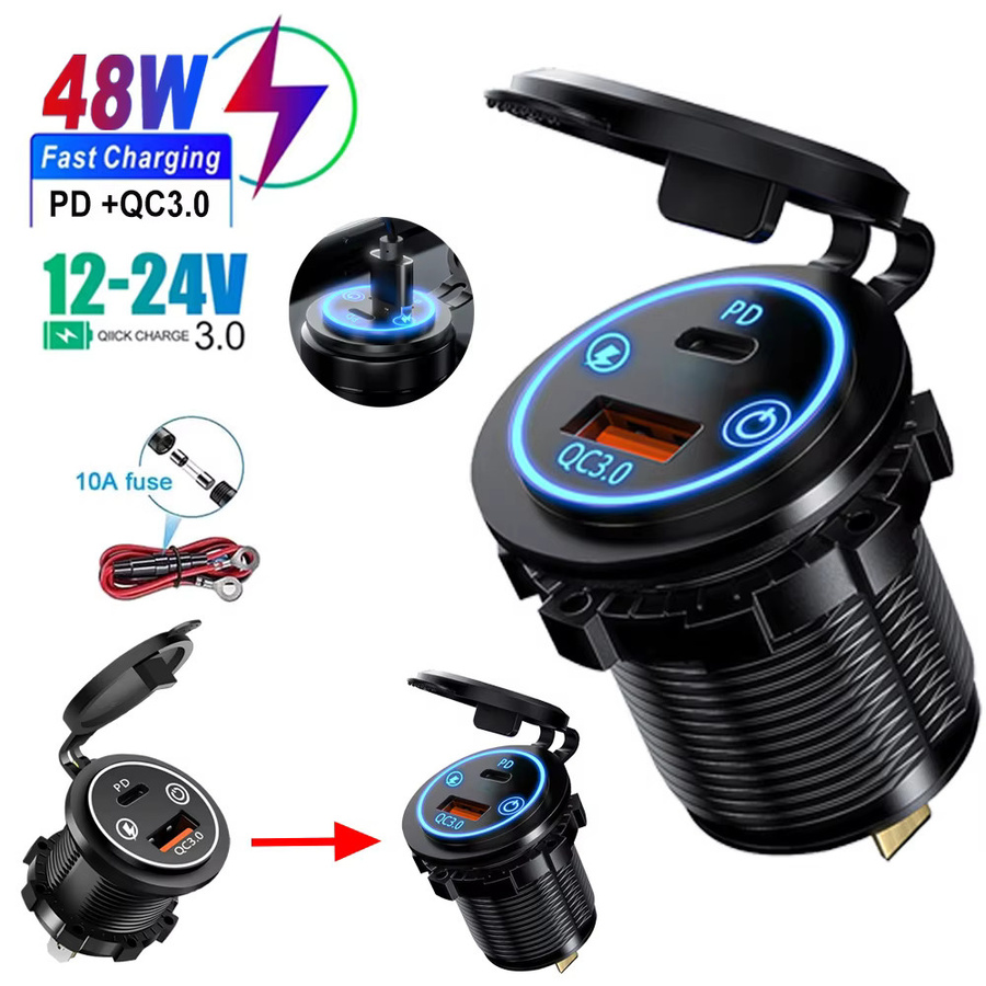 kebidumei USB-Autoladegerät-Adapter mit QC3.0 und PD 30W, Mehrfach-Port-Steckdose mit Schalter, wasserdicht, Schwarz, 12V/24V für Autos, Boote, Motorräder und LKW - Bild 5