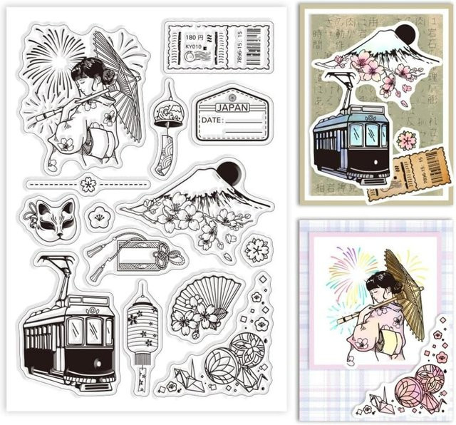 Japanische Kulturmuster Silikon-Stempel Set mit Motiven wie Mt. Fuji, Feuerwerk und Kirschblüten in Transparent - Bild 1