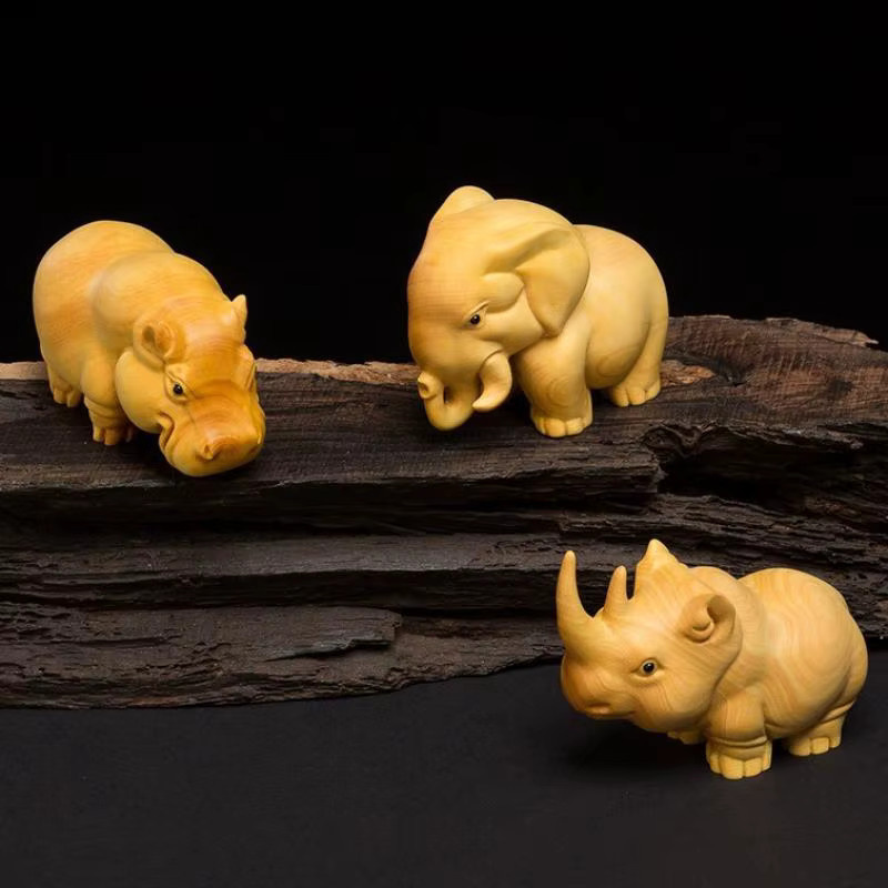 JETTING Handgeschnitzte Holzfiguren Nashorn Nilpferd Elefant als Dekoration für Raum und Auto, Braun - Bild 4