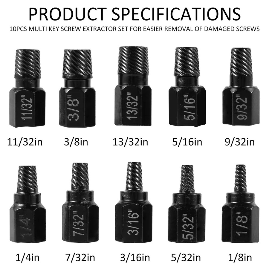 10-teiliges Schraubenausdreher-Set aus legiertem Stahl in Schwarz zur Entfernung beschädigter Schrauben und Bolzen - Bild 5