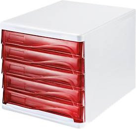 helit Schubladenbox Document Box mit 5 Schüben für DIN A4, weiß/rot transparent, B: 26,5 cm, H: 25,0 cm, T: 34,0 cm - Bild 1
