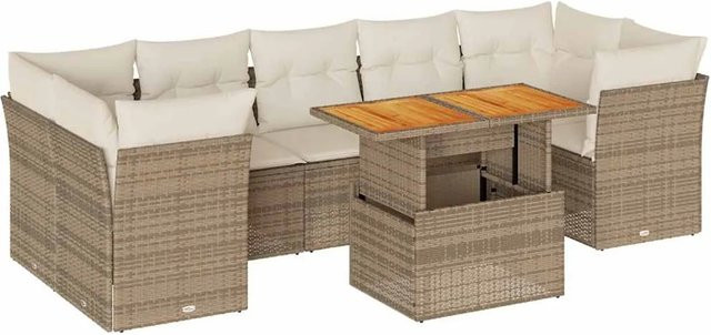 vidaXL 8-teilige Garten-Sofagarnitur in L-Form aus Poly-Rattan und Akazienholz mit Kissen in Beige-Creme - Bild 1