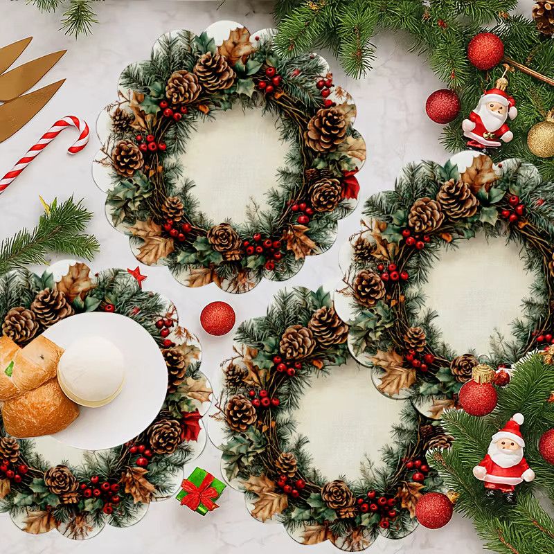 VIKAMA 4-teiliges weihnachtliches Tischset mit Tannenzapfen-Kränzen und Tannenzweigen zur Weihnachtsdekoration, Durchmesser: 38 cm - Bild 2