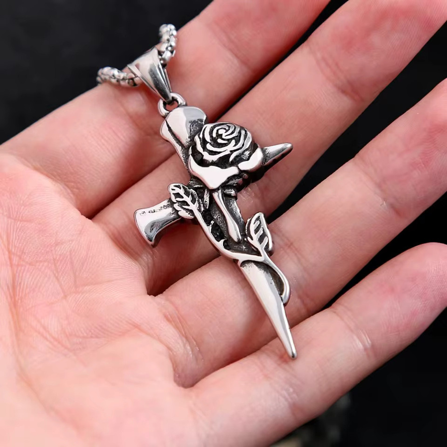 owlucky Anhänger Halskette, Kreuz Rose, Edelstahl, Silber, Unisex - Bild 2