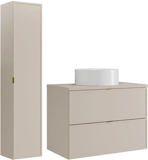 Vente-unique Badmöbel-Set Ondil in Beige bestehend aus Waschbeckenunterschrank, Aufsatzwaschbecken und Hochschrank mit Breite: 80 cm, Tiefe: 45 cm, Höhe: 60 cm - Bild 1